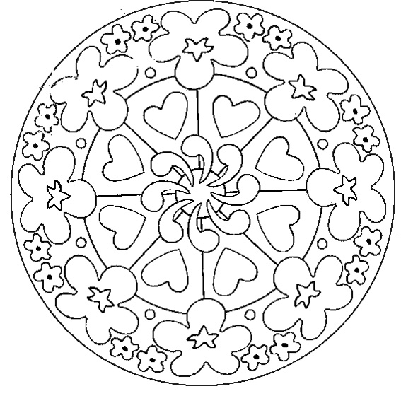 Flowers & hearts. A mandala coloring page for the children, very easy. Coloring is proven therapeutic for some kids. They vent their feelings, frustrations and other emotions though coloring.